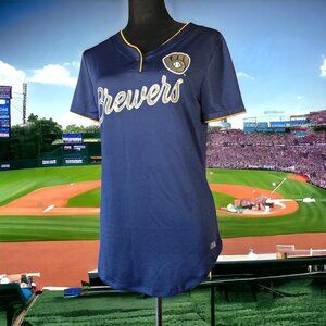 MILWAUKEE BREWERS ( MED ) Women's Pullover Jersey Snap Navy with Metallic Gold